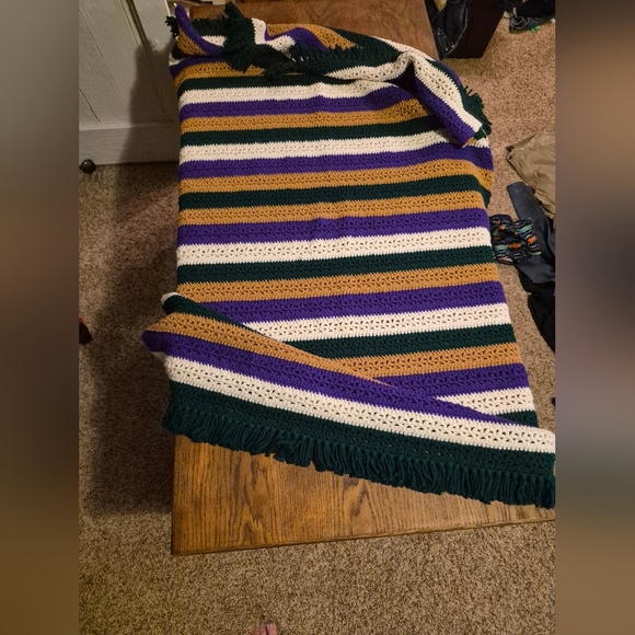 Vintage 70s Striped Crocheted Afghan Blanket with Fringe 61" x 42" Purple Green - Picture 2 of 4